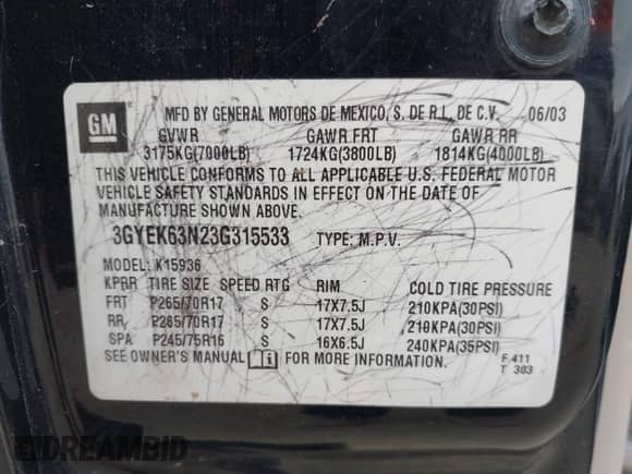 2003 Cadillac Escalade EXT with VIN 3GYEK63N23G315533, listed as a IAAI auction lot 42354561 with 172,155 mi miles and . Bid and sale history available at DreamBid. Image 9.