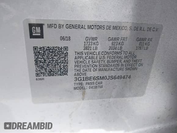 2018 Chevrolet Cruze LT with VIN 3G1BE6SM0JS649474, listed as a IAAI auction lot 43141912 with 26,647 mi miles and . Bid and sale history available at DreamBid. Image 9.