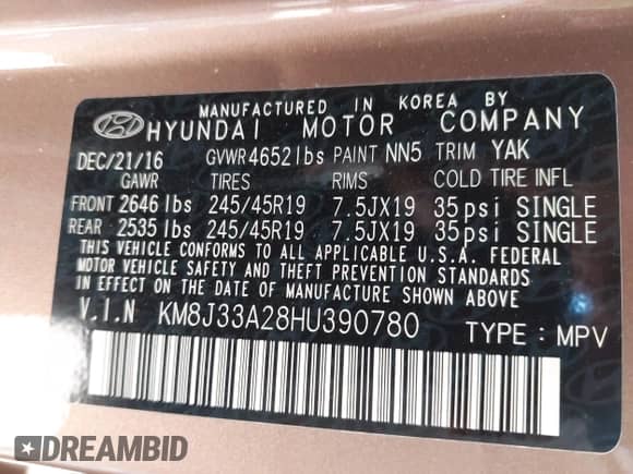 2017 Hyundai Tucson Limited с VIN KM8J33A28HU390780, выставлен на аукционе IAAI как лот 42708527 с пробегом 92 370 миль миль и . История ставок и продаж доступна на DreamBid. Изображение 9.