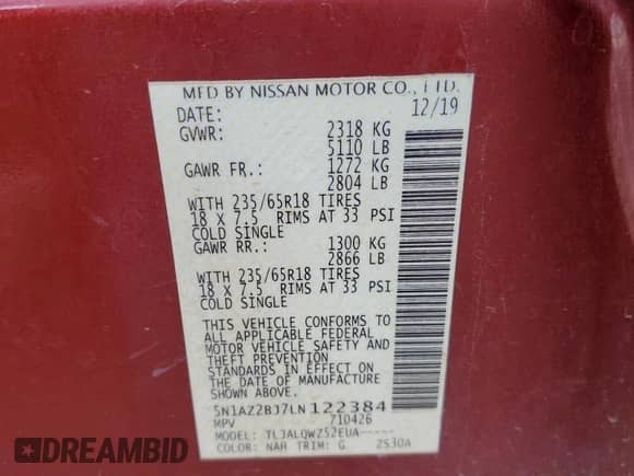 2020 Nissan Murano SV с VIN 5N1AZ2BJ7LN122384, выставлен на аукционе Copart как лот 80925235 с пробегом 82 545 миль миль и Чистый • Clean title. История ставок и продаж доступна на DreamBid. Изображение 13.