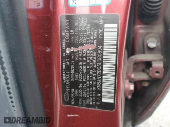 2005 Hyundai Tucson GLS с VIN KM8JN72D05U080894, выставлен на аукционе Copart как лот 86485405 с пробегом 108 593 миль миль и Чистый • Clean title. История ставок и продаж доступна на DreamBid. Изображение 13.