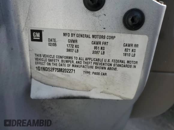 2005 Chevrolet Malibu Classic с VIN 1G1ND52F75M202271, выставлен на аукционе Copart как лот 76859284 с пробегом Не указан миль и На запчасти • Non repairable. История ставок и продаж доступна на DreamBid. Изображение 13.