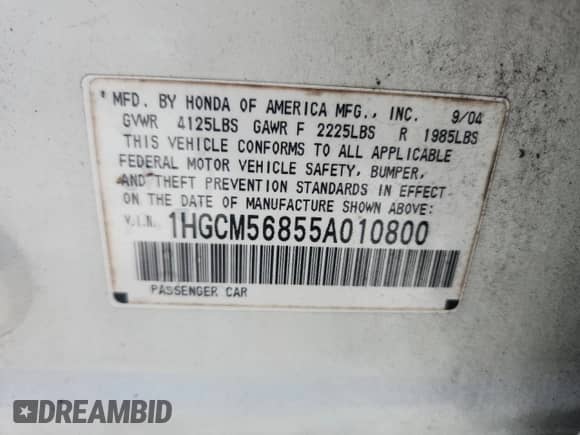 2005 Honda Accord EX-L с VIN 1HGCM56855A010800, выставлен на аукционе Copart как лот 64942475 с пробегом 107 407 миль миль и Списание • Salvage title. История ставок и продаж доступна на DreamBid. Изображение 12.