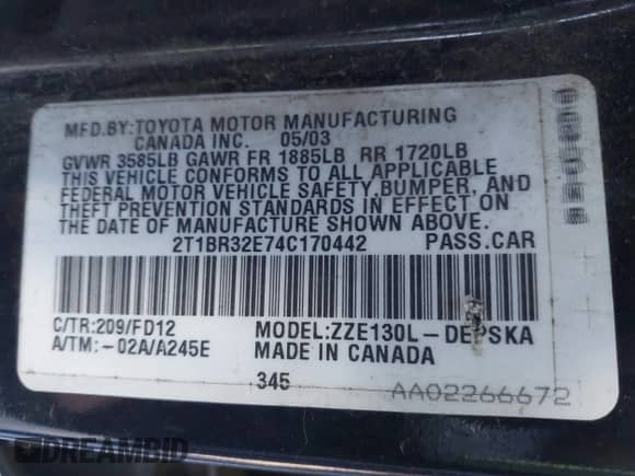 2004 Toyota Corolla CE with VIN 2T1BR32E74C170442, listed as a IAAI auction lot 43449887 with 201,271 mi miles and . Bid and sale history available at DreamBid. Image 9.