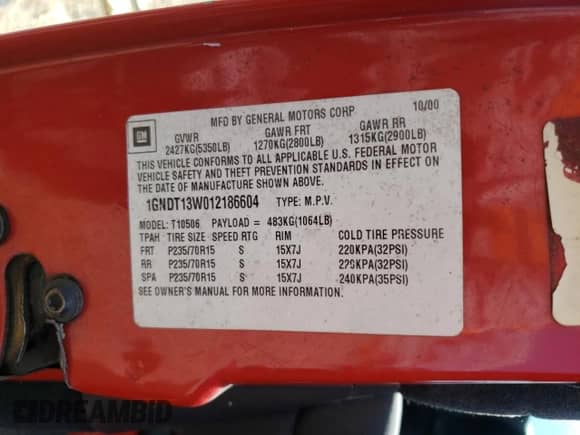 2001 Chevrolet Blazer LT with VIN 1GNDT13W012186604, listed as a Copart auction lot 70509825 with 137,380 mi miles and Salvage title. Bid and sale history available at DreamBid. Image 13.