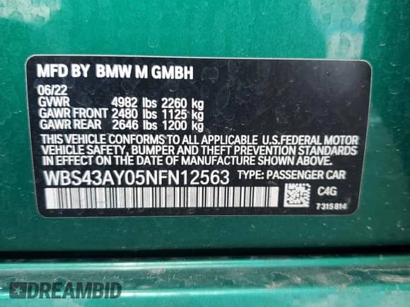 2022 BMW M3 Competition xDrive with VIN WBS43AY05NFN12563, listed as a Copart auction lot 56837075 with Not provided miles and Salvage title. Bid and sale history available at DreamBid. Image 12.