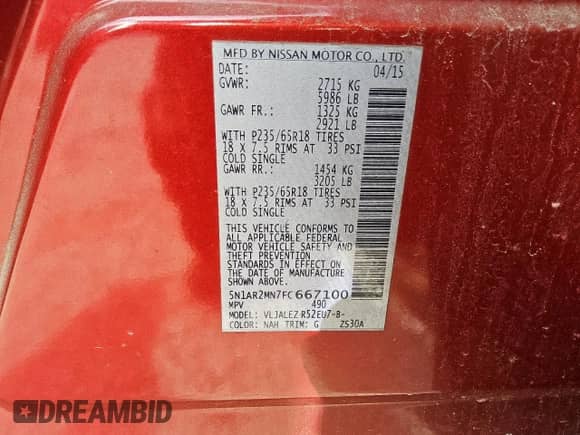 2015 Nissan Pathfinder SV с VIN 5N1AR2MN7FC667100, выставлен на аукционе Copart как лот 56525685 с пробегом 161 769 миль миль и Чистый • Clean title. История ставок и продаж доступна на DreamBid. Изображение 13.