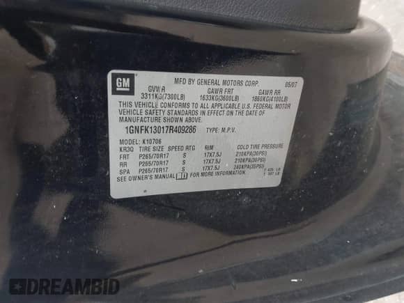 2007 Chevrolet Tahoe LT с VIN 1GNFK13017R409286, выставлен на аукционе IAAI как лот 43120613 с пробегом 270 988 миль миль и . История ставок и продаж доступна на DreamBid. Изображение 9.