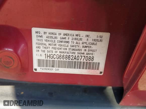 2002 Honda Accord SE z VIN 1HGCG66862A077088, wystawiony jako IAAI lot #43005506 z przebiegiem 183 261 mil mil oraz . Historia ofert i sprzedaży dostępna na DreamBid. Obrazek 9.