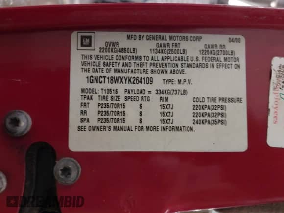 2000 Chevrolet Blazer LS с VIN 1GNCT18WXYK264109, выставлен на аукционе IAAI как лот 42047484 с пробегом Не указан миль и . История ставок и продаж доступна на DreamBid. Изображение 9.