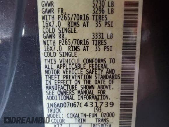 2007 Nissan Frontier SE with VIN 1N6AD07U67C431739, listed as a Copart auction lot 86591175 with 131,668 mi miles and Salvage title. Bid and sale history available at DreamBid. Image 12.