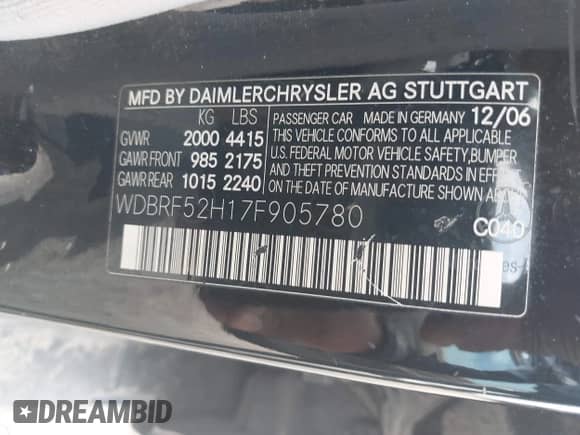 2007 Mercedes-Benz C 230 Sport with VIN WDBRF52H17F905780, listed as a IAAI auction lot 41934997 with 201,961 mi miles and . Bid and sale history available at DreamBid. Image 9.