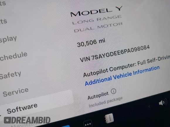 2023 Tesla Model Y Long Range with VIN 7SAYGDEE6PA098084, listed as a IAAI auction lot 43095726 with 30,506 mi miles and . Bid and sale history available at DreamBid. Image 15.
