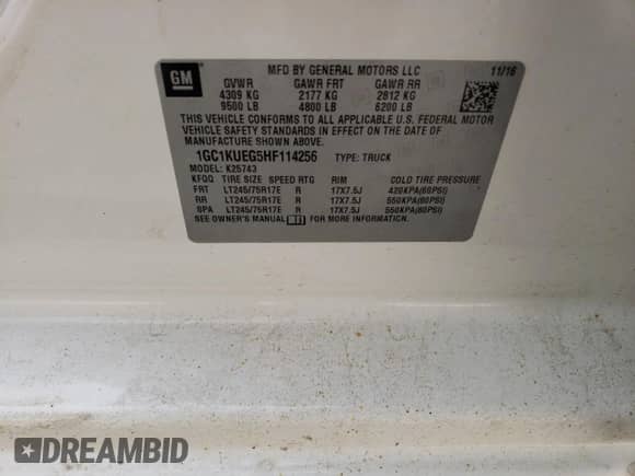 2017 Chevrolet Silverado 2500HD Work Truck with VIN 1GC1KUEG5HF114256, listed as a Copart auction lot 54135265 with 176,889 mi miles and Salvage title. Bid and sale history available at DreamBid. Image 13.