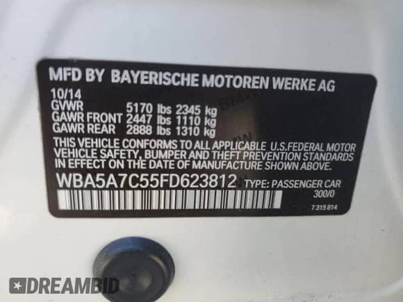 2015 BMW 5 Series 528i xDrive with VIN WBA5A7C55FD623812, listed as a Copart auction lot 80330825 with Not provided miles and Salvage title. Bid and sale history available at DreamBid. Image 13.