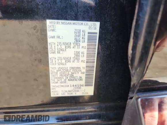 2016 Nissan Murano S с VIN 5N1AZ2MG1GN144596, выставлен на аукционе Copart как лот 85510225 с пробегом 53 236 миль миль и Списание • Salvage title. История ставок и продаж доступна на DreamBid. Изображение 14.