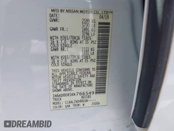 2019 Nissan Frontier SV with VIN 1N6AD0ER5KN766549, listed as a IAAI auction lot 42921613 with 87,311 mi miles and . Bid and sale history available at DreamBid. Image 9.