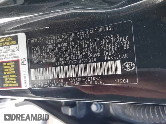 2014 Toyota Camry SE с VIN 4T1BF1FKXEU325028, выставлен на аукционе IAAI как лот 43430573 с пробегом 224 721 миль миль и . История ставок и продаж доступна на DreamBid. Изображение 9.