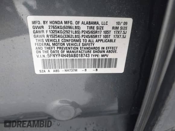2010 Honda Pilot EX with VIN 5FNYF4H49AB018743, listed as a IAAI auction lot 43427399 with 273,003 mi miles and . Bid and sale history available at DreamBid. Image 9.