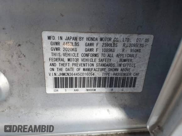 2005 Honda Accord with VIN JHMCN36445C016054, listed as a IAAI auction lot 43330439 with 125,411 mi miles and . Bid and sale history available at DreamBid. Image 9.