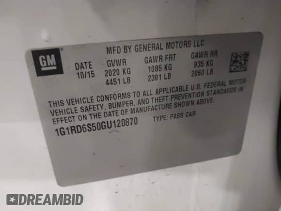2016 Chevrolet Volt Premier with VIN 1G1RD6S50GU120870, listed as a IAAI auction lot 42467963 with 112,253 mi miles and . Bid and sale history available at DreamBid. Image 9.