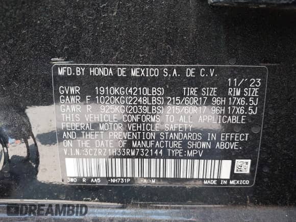 2024 Honda HR-V LX с VIN 3CZRZ1H33RM732144, выставлен на аукционе IAAI как лот 42497923 с пробегом 7 579 миль миль и . История ставок и продаж доступна на DreamBid. Изображение 9.