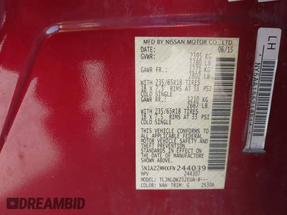 2015 Nissan Murano S with VIN 5N1AZ2MHXFN244039, listed as a IAAI auction lot 42257227 with 122,038 mi miles and . Bid and sale history available at DreamBid. Image 9.