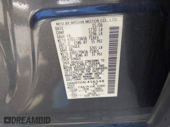 2006 Nissan Frontier LE with VIN 1N6AD07U56C456548, listed as a IAAI auction lot 41824135 with 221,217 mi miles and . Bid and sale history available at DreamBid. Image 9.