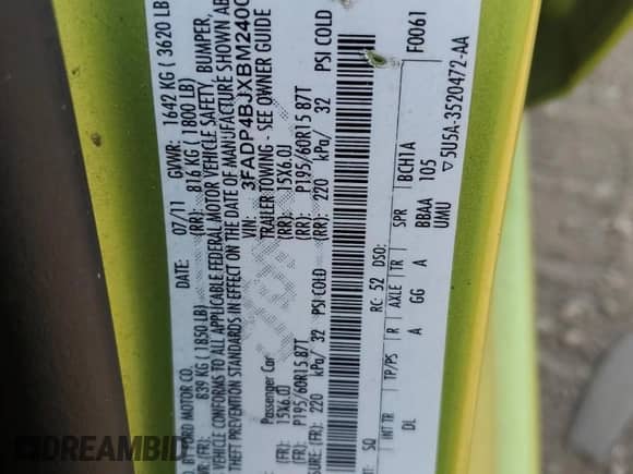 2011 Ford Fiesta SE с VIN 3FADP4BJXBM240012, выставлен на аукционе Copart как лот 71398335 с пробегом Не указан миль и Списание • Salvage title. История ставок и продаж доступна на DreamBid. Изображение 12.