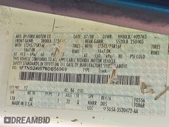 2008 Ford Econoline Cargo Commercial with VIN 1FTNS24W78DB56969, listed as a IAAI auction lot 43310084 with 536,974 mi miles and . Bid and sale history available at DreamBid. Image 9.