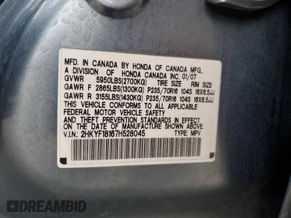 2007 Honda Pilot LX z VIN 2HKYF18167H528045, wystawiony jako Copart lot #80661635 z przebiegiem 226 846 mil mil oraz Szkoda całkowita • Salvage title. Historia ofert i sprzedaży dostępna na DreamBid. Obrazek 13.