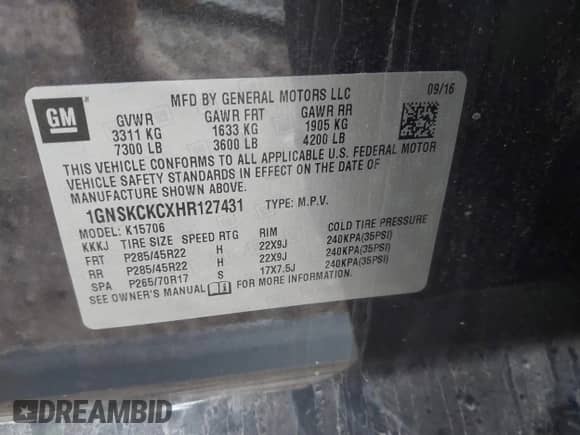 2017 Chevrolet Tahoe Premier с VIN 1GNSKCKCXHR127431, выставлен на аукционе IAAI как лот 41835203 с пробегом 141 014 миль миль и . История ставок и продаж доступна на DreamBid. Изображение 9.