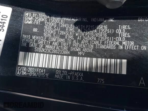 2009 Toyota Sienna LE с VIN 5TDZK23C39S233884, выставлен на аукционе IAAI как лот 43134049 с пробегом 206 821 миль миль и . История ставок и продаж доступна на DreamBid. Изображение 9.