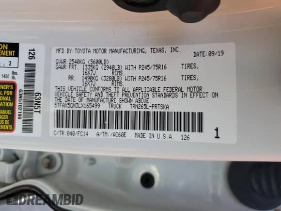 2020 Toyota Tacoma SR with VIN 5TFAX5GN3LX165499, listed as a Copart auction lot 84973885 with 67,043 mi miles and Salvage title. Bid and sale history available at DreamBid. Image 13.