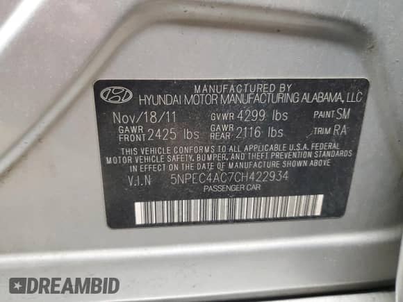 2012 Hyundai Sonata SE with VIN 5NPEC4AC7CH422934, listed as a Copart auction lot 85822365 with 160,930 mi miles and Salvage title. Bid and sale history available at DreamBid. Image 12.