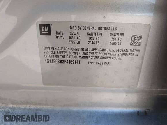 2015 Chevrolet Sonic LTZ with VIN 1G1JE6SB3F4169141, listed as a IAAI auction lot 42780451 with 145,950 mi miles and . Bid and sale history available at DreamBid. Image 9.