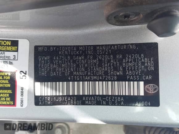 2021 Toyota Camry SE Nightshade с VIN 4T1G11AK9MU472628, выставлен на аукционе IAAI как лот 43133544 с пробегом 86 225 миль миль и . История ставок и продаж доступна на DreamBid. Изображение 9.