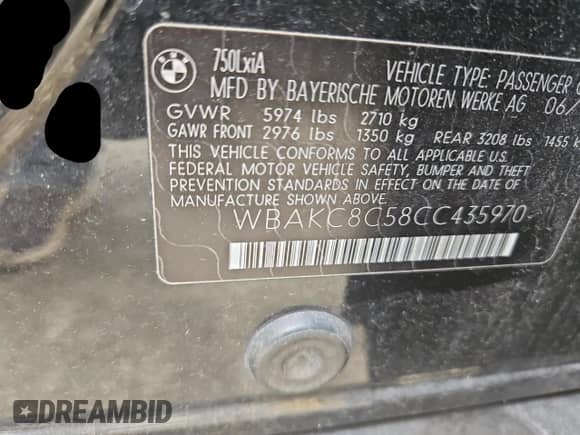 2012 BMW 7 Series 750Li xDrive z VIN WBAKC8C58CC435970, wystawiony jako Copart lot #60091585 z przebiegiem 129 273 mil mil oraz Czysty tytuł • Clean title. Historia ofert i sprzedaży dostępna na DreamBid. Obrazek 10.