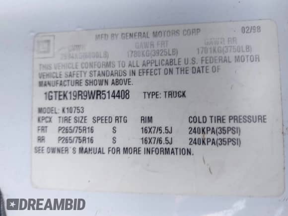1998 GMC Sierra 1500 с VIN 1GTEK19R9WR514408, выставлен на аукционе IAAI как лот 43474279 с пробегом 128 276 миль миль и . История ставок и продаж доступна на DreamBid. Изображение 9.