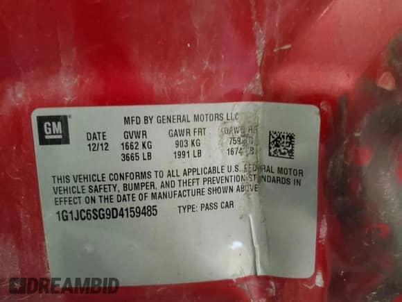 2013 Chevrolet Sonic LT with VIN 1G1JC6SG9D4159485, listed as a Copart auction lot 83822545 with 95,761 mi miles and Salvage title. Bid and sale history available at DreamBid. Image 12.