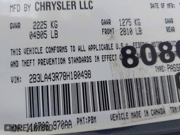 2008 Dodge Charger with VIN 2B3LA43R78H180498, listed as a IAAI auction lot 42183262 with 160,290 mi miles and . Bid and sale history available at DreamBid. Image 9.