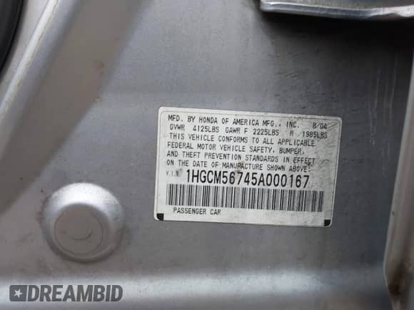 2005 Honda Accord EX with VIN 1HGCM56745A000167, listed as a IAAI auction lot 42932218 with 263,447 mi miles and . Bid and sale history available at DreamBid. Image 9.