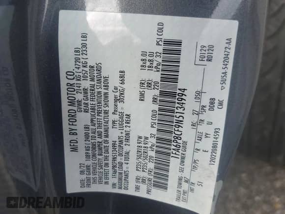 2022 Ford Mustang GT z VIN 1FA6P8CF9N5134994, wystawiony jako Copart lot #68280045 z przebiegiem Nie podano mil oraz Szkoda całkowita • Salvage title. Historia ofert i sprzedaży dostępna na DreamBid. Obrazek 12.