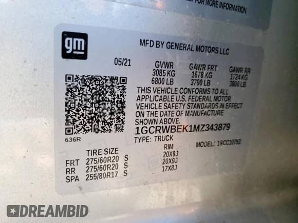 2021 Chevrolet Silverado 1500 Custom z VIN 1GCRWBEK1MZ343879, wystawiony jako Copart lot #82342645 z przebiegiem Nie podano mil oraz Nie do naprawy • Non repairable. Historia ofert i sprzedaży dostępna na DreamBid. Obrazek 12.