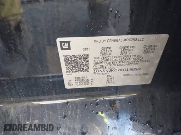 2019 Chevrolet Suburban Premier с VIN 1GNSKJKC7KR146269, выставлен на аукционе IAAI как лот 41498314 с пробегом 89 402 миль миль и . История ставок и продаж доступна на DreamBid. Изображение 9.
