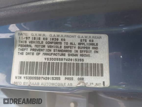 1998 Saab 900 z VIN YS3DD55B7W2015355, wystawiony jako IAAI lot #43326218 z przebiegiem 185 490 mil mil oraz . Historia ofert i sprzedaży dostępna na DreamBid. Obrazek 9.