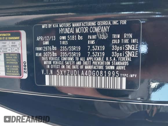 2013 Hyundai Santa Fe Sport with VIN 5XYZUDLA4DG081995, listed as a IAAI auction lot 42694423 with 121,594 mi miles and . Bid and sale history available at DreamBid. Image 9.