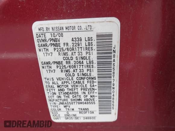 2009 Nissan Rogue SL with VIN JN8AS58T79W048555, listed as a IAAI auction lot 42989349 with 208,176 mi miles and . Bid and sale history available at DreamBid. Image 9.
