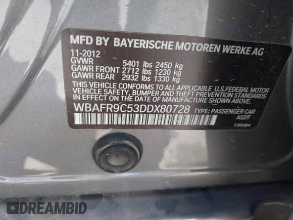 2013 BMW 5 Series 550i с VIN WBAFR9C53DDX80728, выставлен на аукционе IAAI как лот 42245452 с пробегом 84 002 миль миль и . История ставок и продаж доступна на DreamBid. Изображение 9.