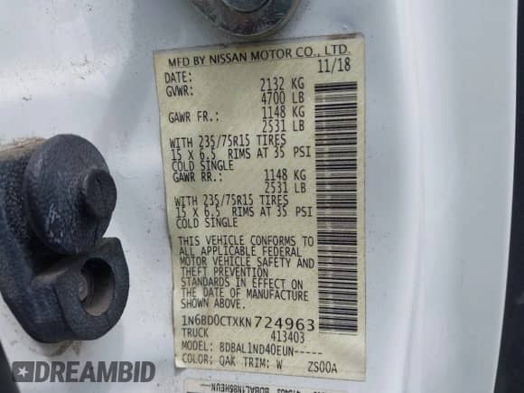 2019 Nissan Frontier S с VIN 1N6BD0CTXKN724963, выставлен на аукционе IAAI как лот 43069778 с пробегом 84 284 миль миль и . История ставок и продаж доступна на DreamBid. Изображение 9.